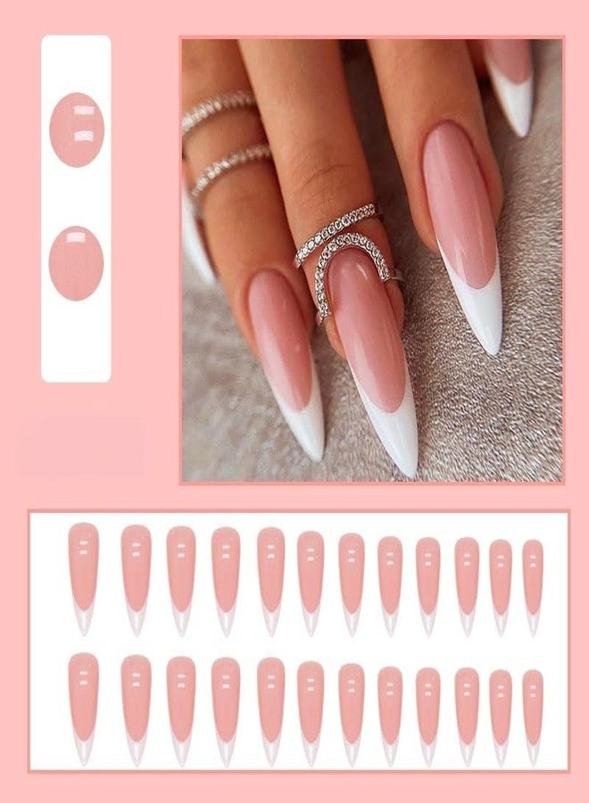 SHUXILIN White French Tip Press on Nails Long Stiletto Fake Nails Nude Pink Nails Press ons Nail Tips Stick on Nails Almond Shape Acrylic False Nails Glossy Full Cover Glue on Nails for Women DIY Manicure - Image 2